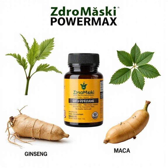 Ilustracja przedstawiająca kluczowe składniki Zdromoskiguide PowerMax: buzdyganek, żeń-szeń, maca.